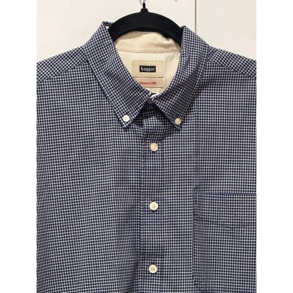 Men's Haggar Shirt, L/G, Navy & White check short sleeve button down GUC - Picture 1 of 8